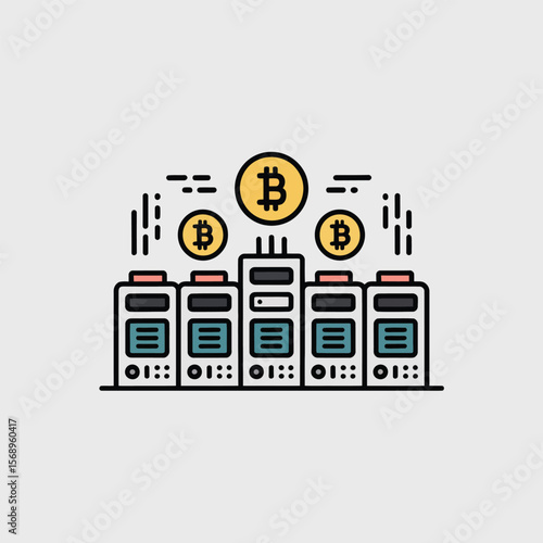 Minimalist Icon Illustration of Bitcoin Cryptocurrency Mining Servers Data Center Network Technology Teal Yellow Orange Black White