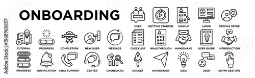  Onboarding icon set. Editable Stroke Icon Collection. User Welcome, Getting Started, Sign Up, Login, Profile Setup, Checklist, Walkthrough, Handshake, User Guide, Introduction, Tutorial, Progress Bar