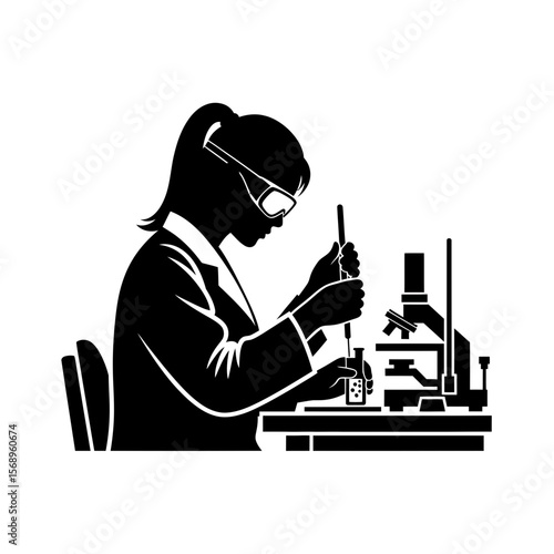 Lab Professional Silhouette: Focused Female Microbiologist at Work