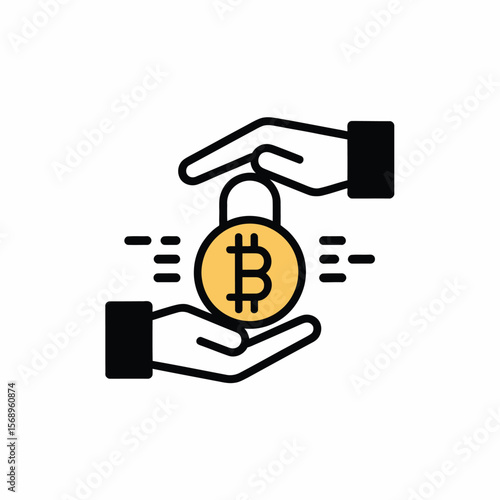 Minimalist Icon Illustration of Secure Bitcoin Transaction Two Black Hands Transferring a Yellow Bitcoin Coin with a Lock Symbol Against a White Background