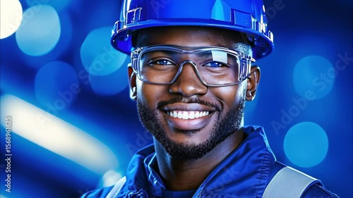 A smiling worker in a hard hat and safety glasses, set against a blue background, conveying a sense of professionalism and confidence.