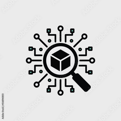 Minimalist Icon Style Vector Illustration Black Magnifying Glass Examining Three Dimensional Cube Surrounded by Teal Circuit Board Connections on Light Gray Background