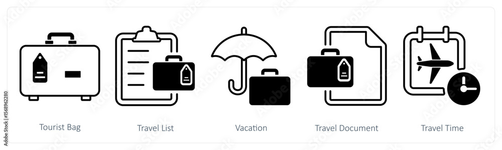 A set of 5 mix icons as tourist bag, travel list, vacation A set of 5 mix icons as tourist bag, travel list, vacation