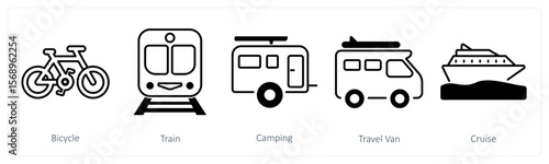 A set of 5 mix icons as bicycle, train, camping