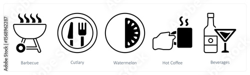 A set of 5 mix icons as barbecue, cutlery, watermelon