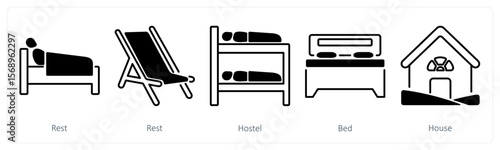 A set of 5 mix icons as rest, hostel, bed