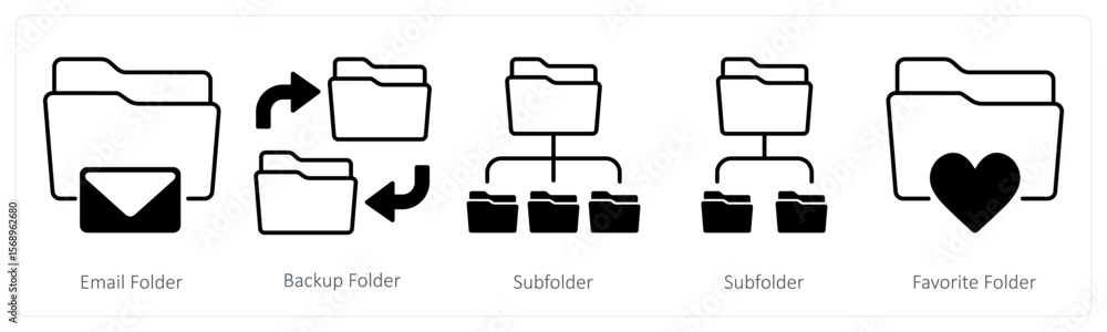 A set of 5 mix icons as email folder, backup folder, subfolder A set of 5 mix icons as email folder, backup folder, subfolder