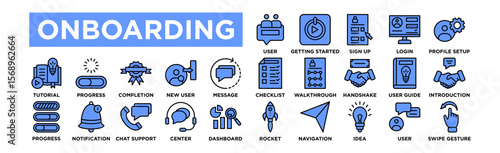  Onboarding icon set. Editable Stroke Icon Collection. User Welcome, Getting Started, Sign Up, Login, Profile Setup, Checklist, Walkthrough, Handshake, User Guide, Introduction, Tutorial, Progress Bar