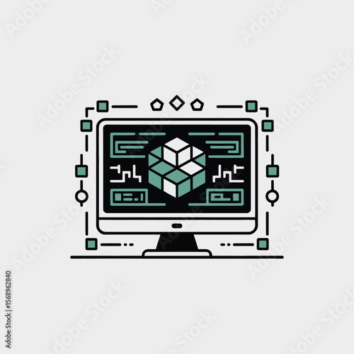 Minimalist Line Art Illustration of a Desktop Computer Displaying a 3 D Cube Composed of Green Blue and White Blocks on a Black Screen Against a Light Gray Background