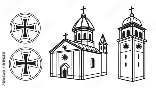 Armenian Apostolic Church Elements Black and White Vector Illustration.