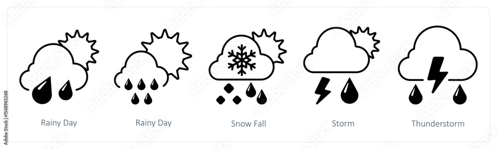 Obraz premium A set of 5 mix icons as rainy day, snowfall, storm