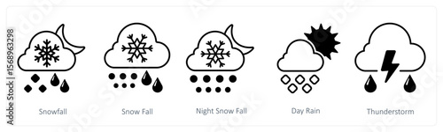A set of 5 mix icons as snowfall, night snowfall, day rain