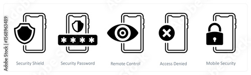 A set of 5 mix icons as security shield, security password, remote control