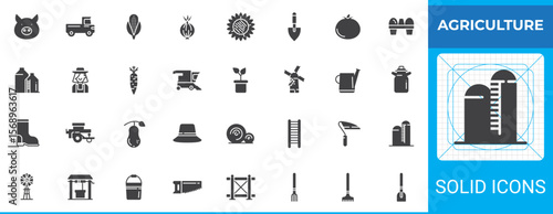 Agriculture solid glyph icons set pack