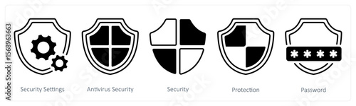 A set of 5 mix icons as security settings, antivirus security, security
