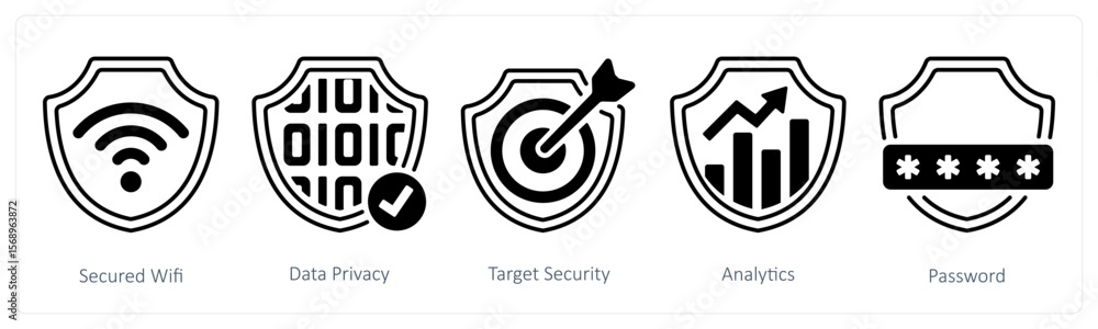 Obraz premium A set of 5 mix icons as secured wifi, data privacy, target security