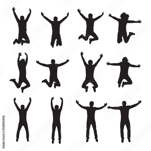 Twelve Black Silhouettes of Men Jumping with Arms Raised High in the Air Against a White Background a Collection of Diverse Poses and Jumps