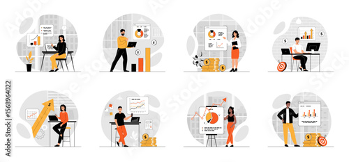 Bundle of Sales Performance concepts with people scene in flat cartoon design. Collection work with men and women. Business people analysis graphs, increase business profits and commercial success. 