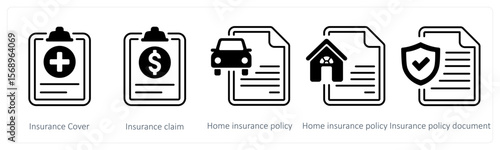 A set of 5 mix icons as insurance cover, insurance claim, home insurance policy