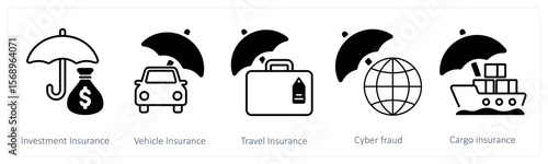 A set of 5 mix icons as investment insurance, vehicle insurance, travel insurance