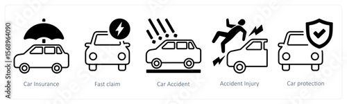 A set of 5 mix icons as car insurance, fast claim, car accident