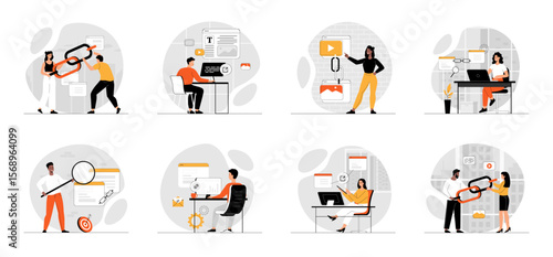 Bundle of Link Building concepts with people scene in flat cartoon design. Collection work with men and women. People work with embedding referral link URL, page rank algorithm. Vector illustration