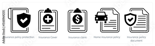 A set of 5 mix icons as insurance policy document, insurance cover, issurance claim