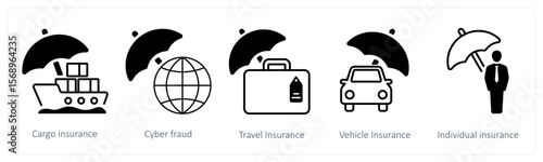 A set of 5 mix icons as cargo insurance, cyber fraud, travel insurance