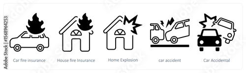A set of 5 mix icons as car fire insurance, house fire insurance, home explosion