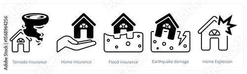 A set of 5 mix icons as tornado insurance, home insurance, flood insurance