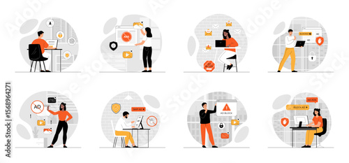 Bundle of Ad Blocking concepts with people scene in flat cartoon design. Collection work with men and women. People use anti spam protection, Adblock software. Vector illustration