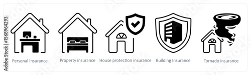 A set of 5 mix icons as personal insurance, property insurance, house protection insurance