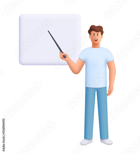 Young smiling man James standing next to a blank whiteboard and holding a pointer stick. Education, presentation, teaching concept. 3d vector people character. Cartoon minimal style.