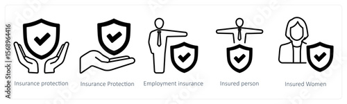 A set of 5 mix icons as insurance protection, employement insurance, insured person