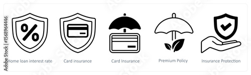 A set of 5 mix icons as home loan interest rate, card insurance, premium policy