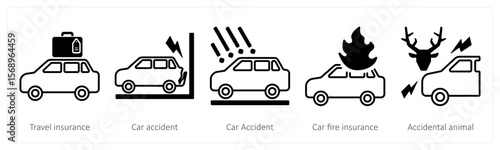 A set of 5 mix icons as travel insurance, car accident, car fire insurance