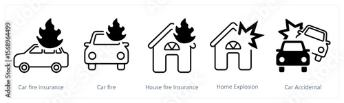 A set of 5 mix icons as car fire insurance, car fire, house fire insurance