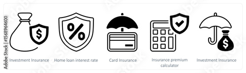 A set of 5 mix icons as investment insurance, home loan interest rate, card insurance