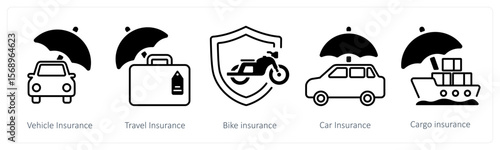 A set of 5 mix icons as vehicle insurance, travel insurance, bike insurance
