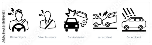 A set of 5 mix icons as driver injury, driver insurance, car accidental