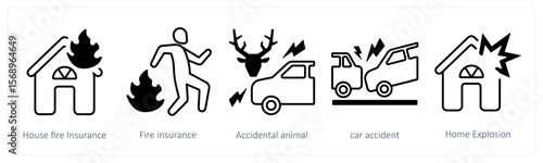 A set of 5 mix icons as house fire insurance, fire insurance, accidental animal,