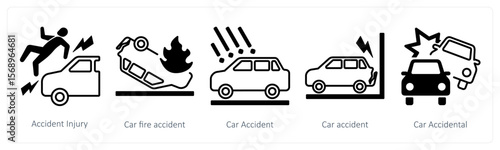 A set of 5 mix icons as accident injury, car fire accident, car accident