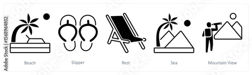 A set of 5 mix icons as beach, slipper, rest