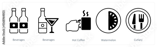 A set of 5 mix icons as beverages, hot coffee, watermelon
