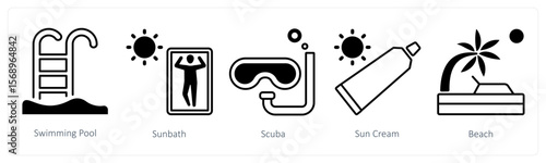 A set of 5 mix icons as swimming pool, sunbath, scuba
