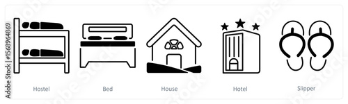 A set of 5 mix icons as hostel, bed, house