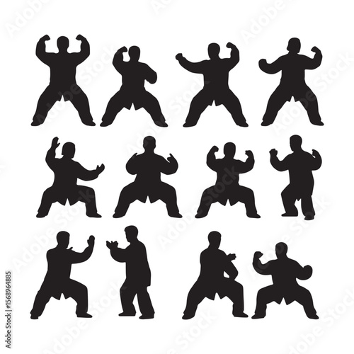 Twelve Black Silhouettes of Men Performing Various Tai Chi Chuan Poses Against a White Background
