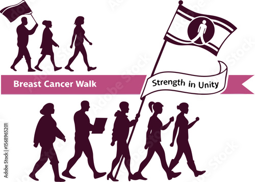 Women Walking for Breast Cancer Awareness with Pink Ribbon Symbol Silhouette group women are walking silhouette