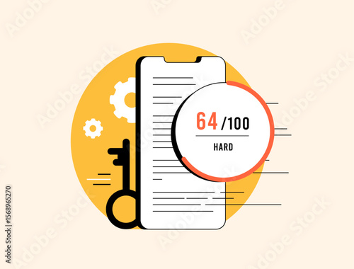 Keyword difficulty score analysis with hard rating, SEO score indicator, content optimization level. Seo keyword difficulty analysis for evaluating search optimization. Flat vector illustration