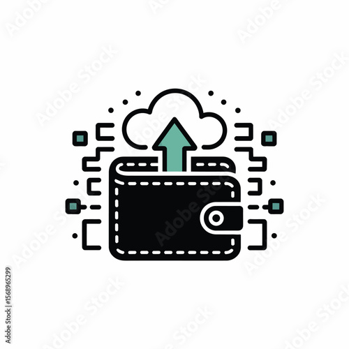 Minimalist vector icon depicting a black wallet with a stitched border and a metal clasp an upward pointing teal arrow emerging from the wallet and connecting to a teal cloud representing